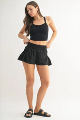 MONO B Smocked High Waist Shorts OutfitFlow